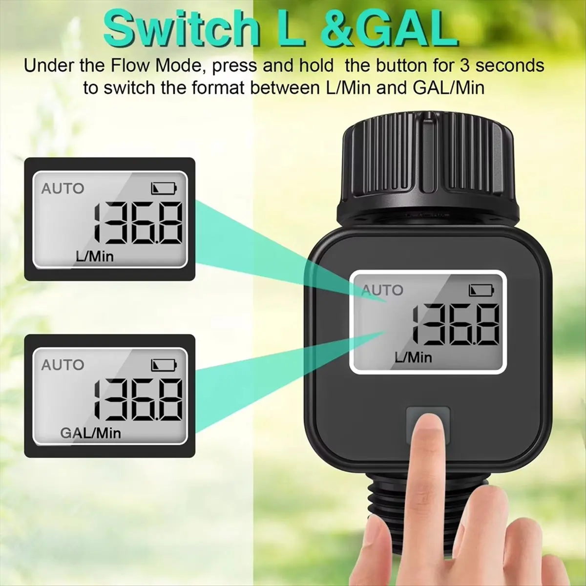 Digital LCD Water Meter Garden Irrigation Hose Sensor Battery Powered 0.5‑8Bar GPM LPM Instant Usage Recorder