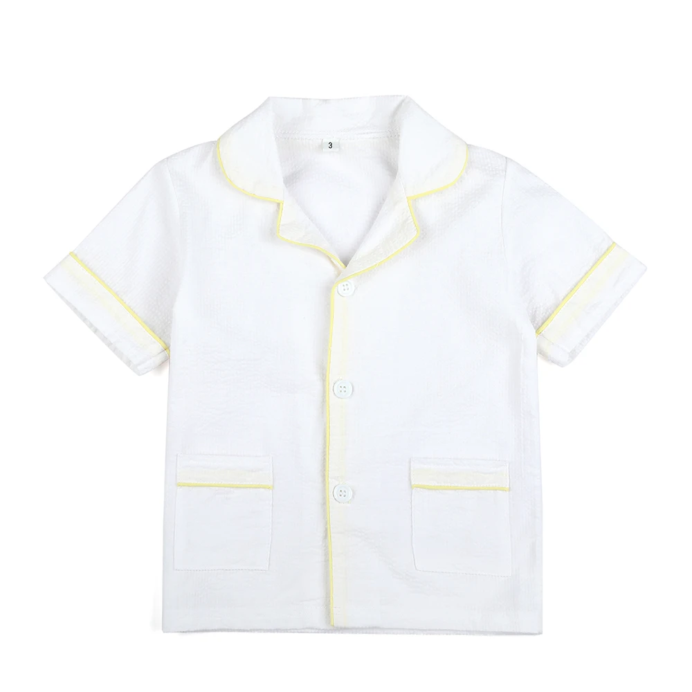 Ropa de verano para bebé, conjunto de pijamas de manga corta 100% de algodón de Seersucker blanco para niños y niñas, pijamas a juego con volantes