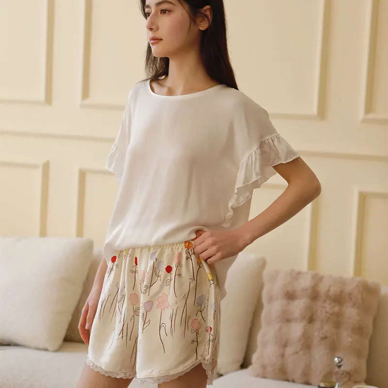 2025 Satin Round Neck White T-shirt + Small Fresh Print Lace Edge Home Shorts Pajamas for Women Loose Leisure Loungewear