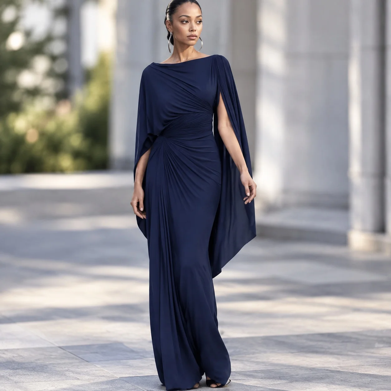 Ironing Pleated Gown Elegant with Cap Sleeve Three Quarter Sleeve Flowy Empire Waist Maxi Length Pleated Dress for Women Autumn