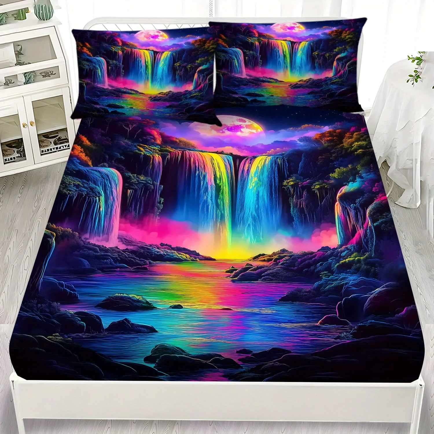 Rainbow Waterfall Bedding Set 2D Digital Print Three-Piece Bedding Set (Includes 1 Fitted Sheet + 2 Pillowcases) Mattress Protector Fitted Sheet Style Protective Cover Mattress Protector, Fitted Sheet Bedding Christmas Themed Bedding Racing Adventure Fitted Sheet Set