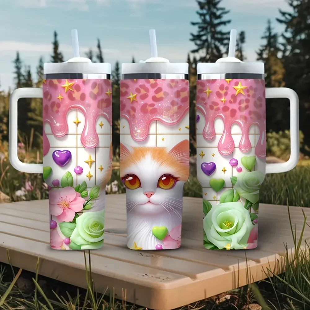40Oz Tumbler with Handle, Features Cute Cat Pink Flower Dripping Leopard Print, Suitable for Cat Lovers, Fits Both Hot And Cold Drinks, Ideal for Outdoor Picnic Work Daily Travel Use All Year Round