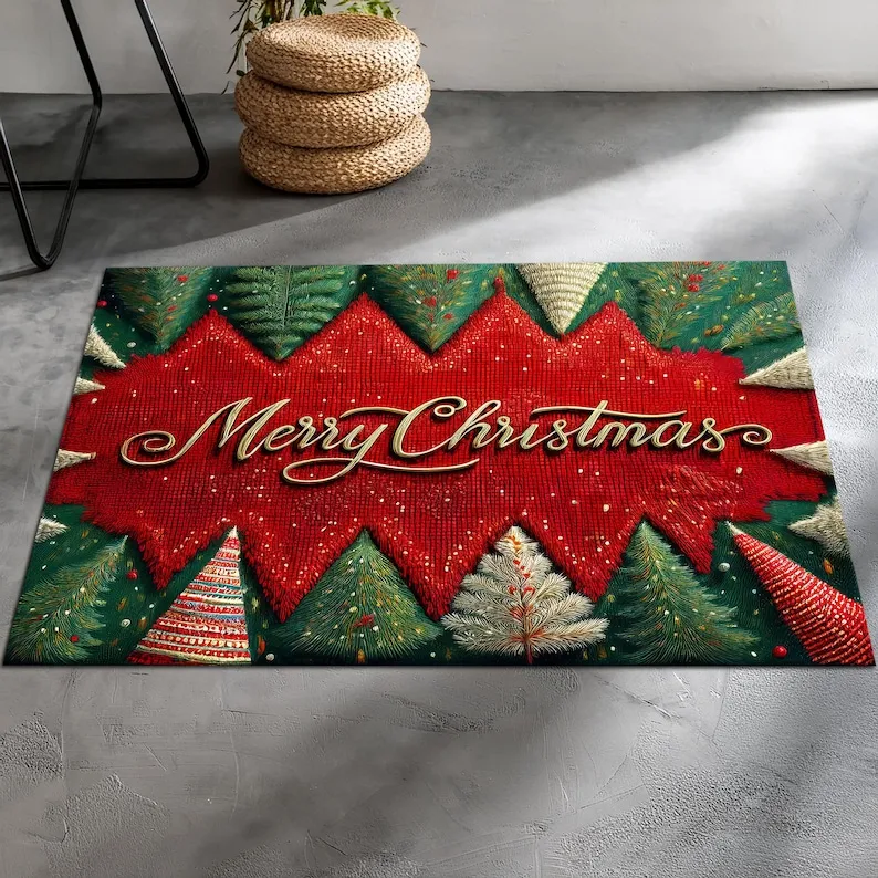 Christmas Tree Print Area Rug, 2026 Holiday Decor Mat with Merry Christmas Design for Xmas Home Gift