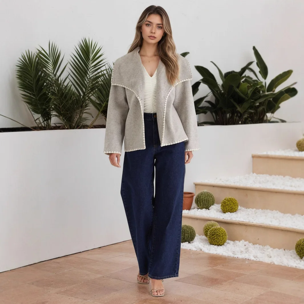 معاطف صوفية نسائية بياقة مقلوبة وسترات بزر واحد سميكة صلبة وفضفاضة وأكمام طويلة معطف كاجوال أنيق للمكتب للسيدات