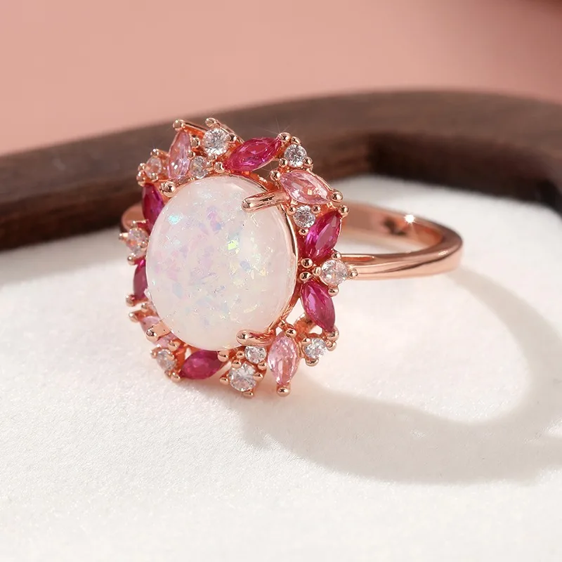 Modischer Goldfarben-Ring mit Eingelegtem Rotem CZ Imitations-Opal Damenring für Tägliches Tragen und Partys – Detail 1