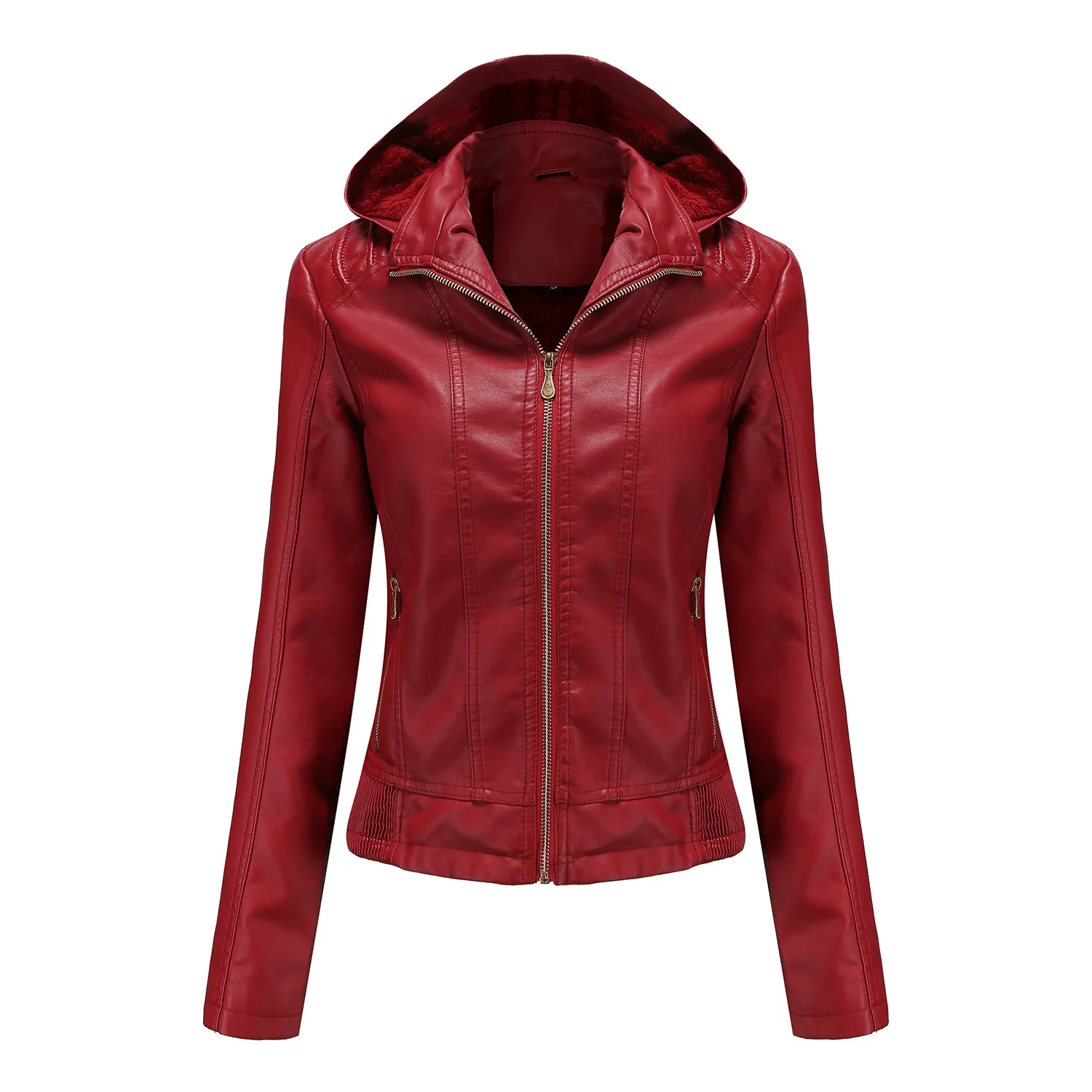 2024 Autumn and Winter Hooded Leather Jacket Women's Removable Hat Zipper Long-sleeved Velvet Warm PU Leather Slim Coat S-3XL