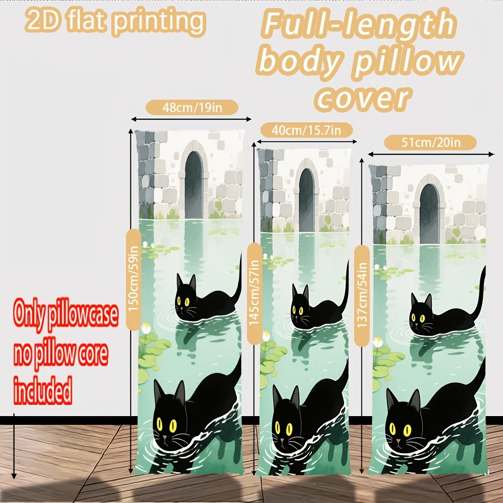 2D Flat - Long Pillowcase, 2D Printed Design Featuring a Black Cat Swimming in a Lily Pond Pattern, Made of Durable Fabric, Full