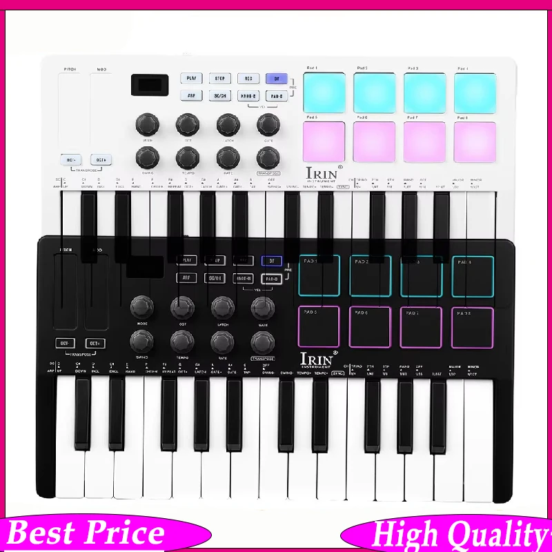 

Портативная USB MIDI-клавиатура IRIN с 25 чувствительными к скорости клавишами, 8 RGB-подсвечиваемыми пэдами и 8 регуляторами для создания музыки