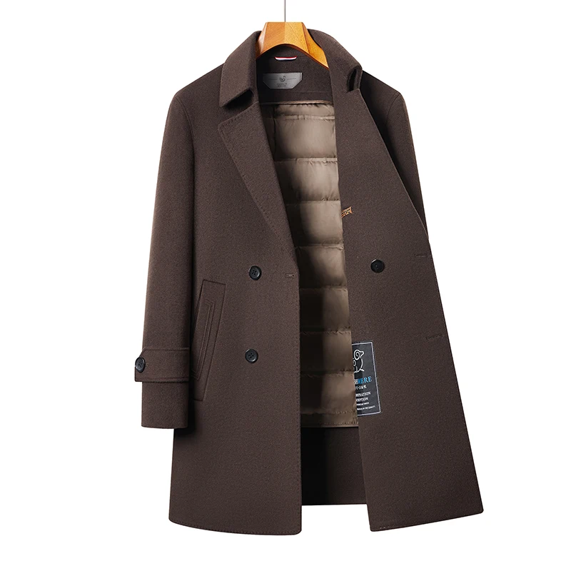 Subtle Luxury Men Elegant Cashmere Overcoat Black Coffee Double Breasted Design Basic Coat Goose Down Vest Lining Topcoat Winter