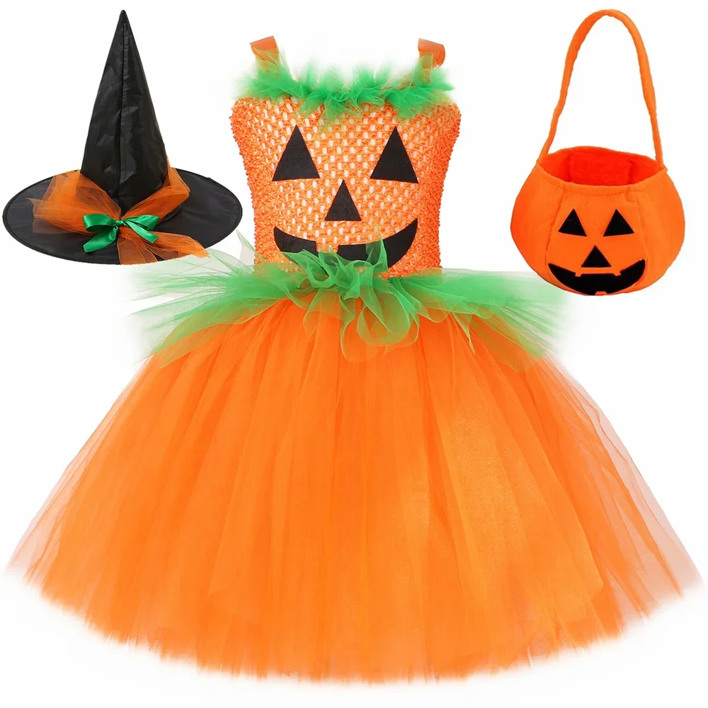 Girls Pumpkin Costume Kids Halloween Dress Up Clothes Orange Pumpkin Tutu Dress Toddler Girls Fancy Carnival Party Tulle Dresses