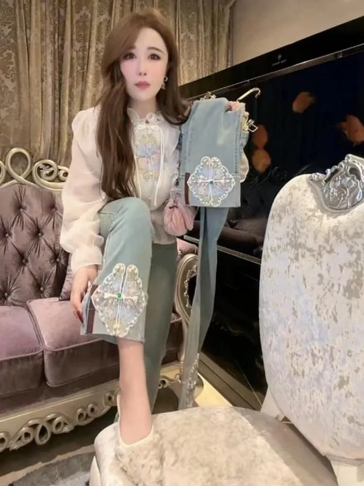 

Новые прямые джинсы с высокой талией и вышивкой в китайском стиле, женские весенне-летние новые брюки с девятью точками из тяжелых бусин