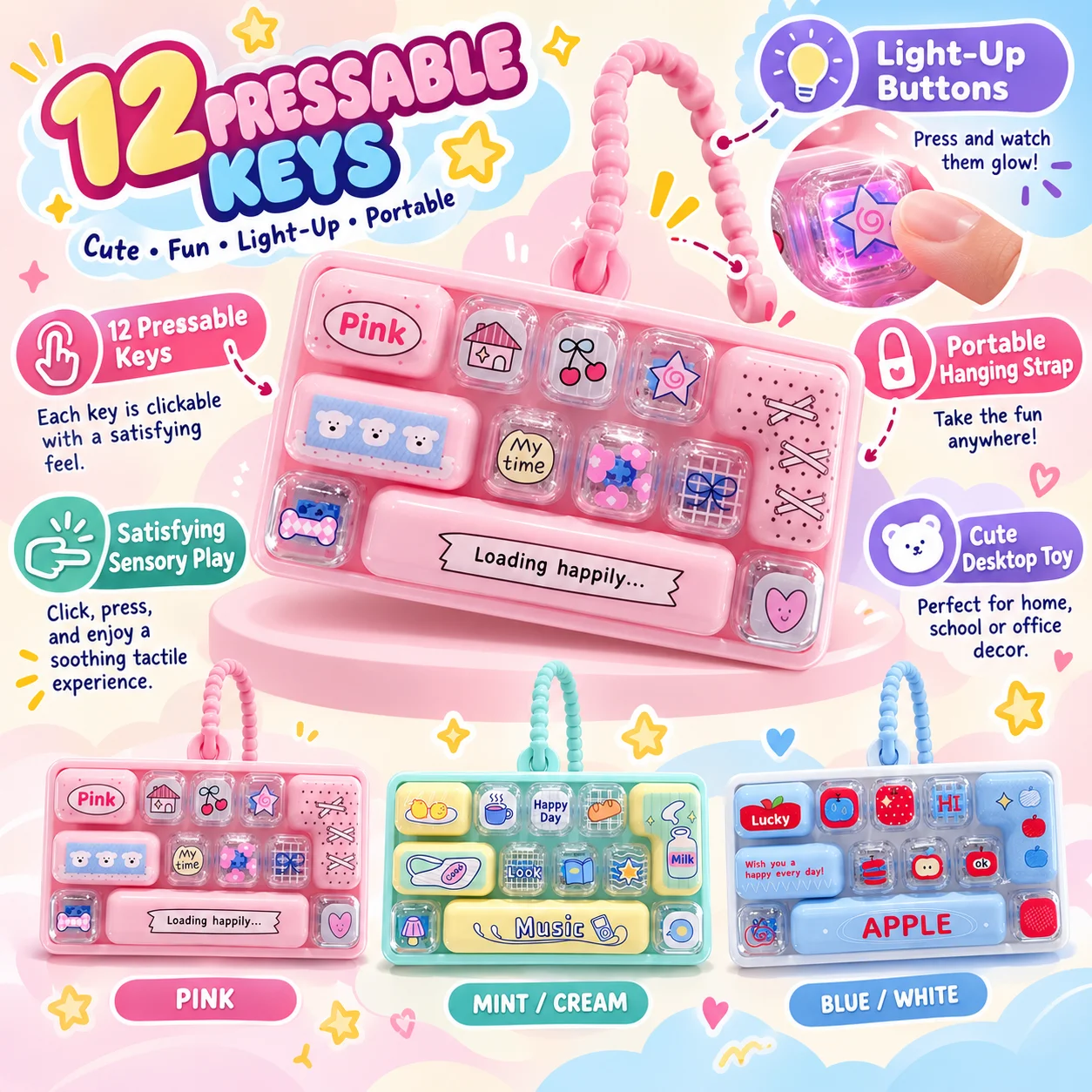 New 12-Key Keyboard Clicker Keychain Cartoon Fidget Toy Sound Buttons Stress Relief Backpack Charm Pendant Creative Gift Set
