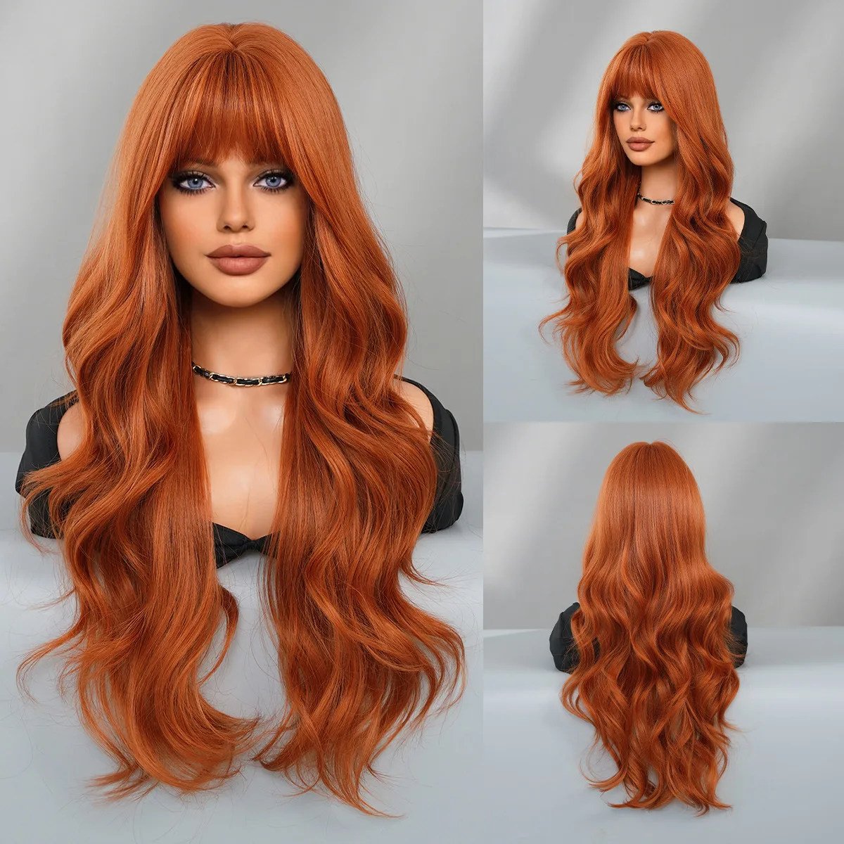 

Orange long curly hair synthetic wig women fashion straight bangs big wave high temperature silk mechanism full head cover