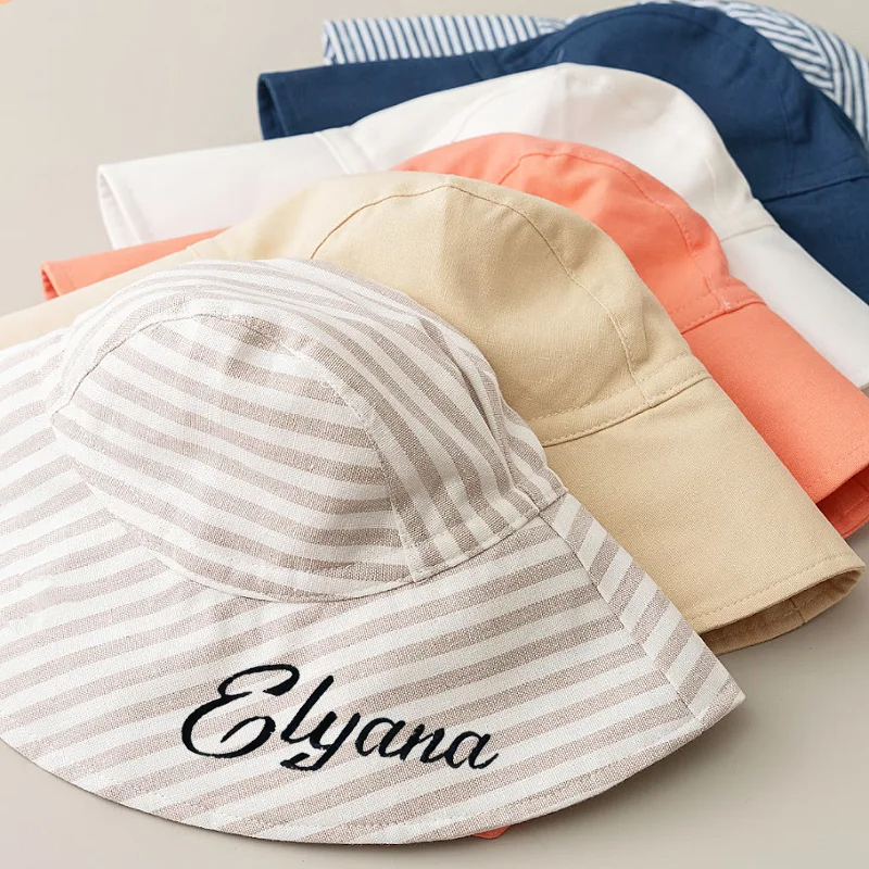 

Custom Name Cotton Linen Bucket Hat for Kids Baby Sun Hat Summer Spring Beach Traveling Cap Birth Gift