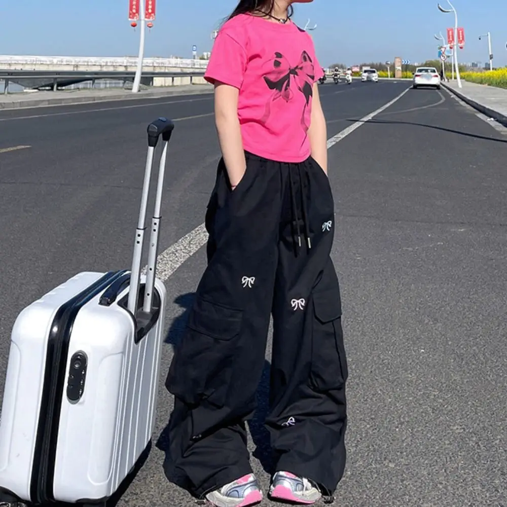 Casual Embroidered Baggy Cargo Pants Multi Pockets Drawstring Sweet Bow Pants Trousers Wide Leg Y2k Pants Girl Sports