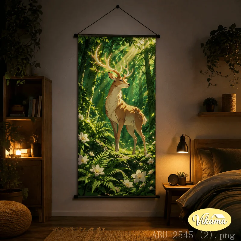VIKAMA Vertical Landscape Hanging Scroll Deer Sunlight Green Forest Canvas Poster Japanese Wall Hanging Natural Home Decor