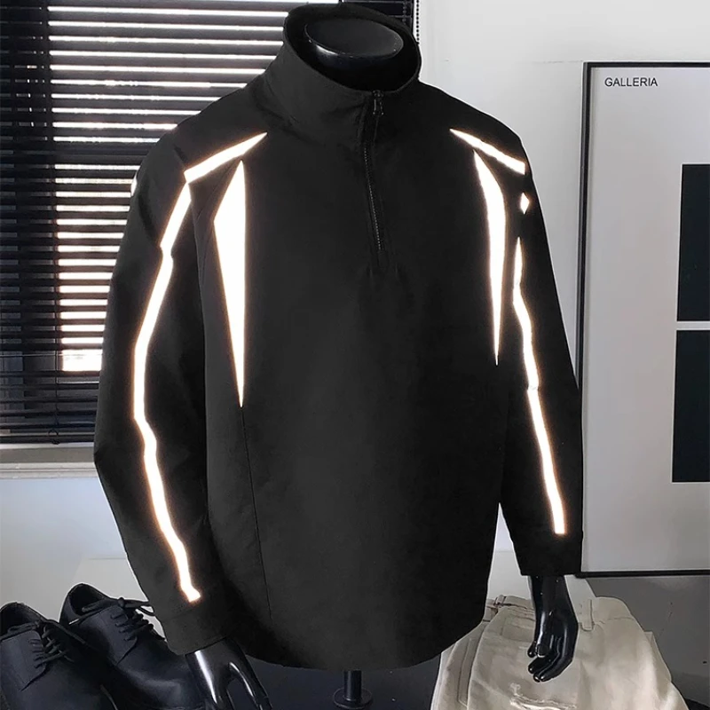 

Reflective Stripes Color-Blocked Men's Jacket for Night Riding Safety Half Zipper Stand Collar Unisex