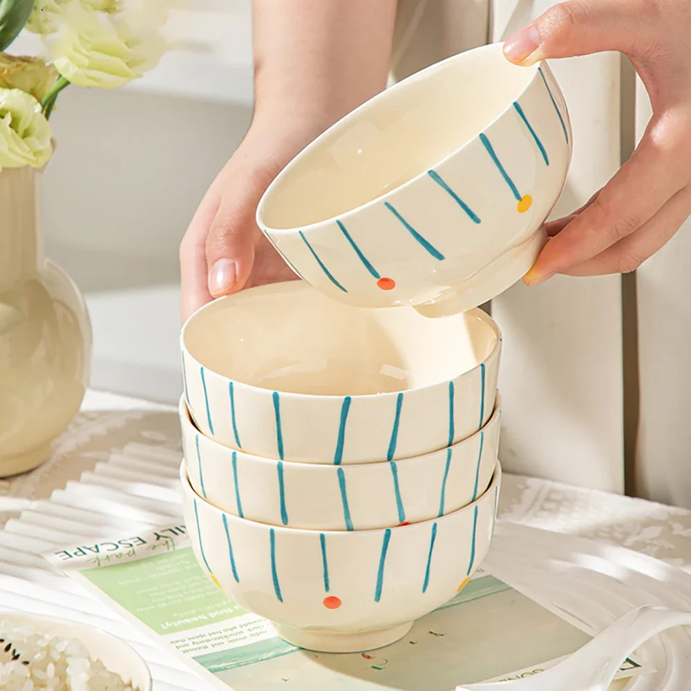 Korean Ins Blue Line Dots Cute Ceramic Bowl Round Porcelain Food Container Lunch Rice Oats Breakfast Bowls Personal Items