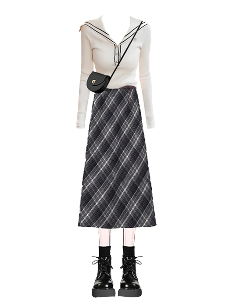 Ele Navy kraag gebreid lang Sve T-shirt ort Sle herfstfaion-set voor dames met geruite rok Luxe gevoel