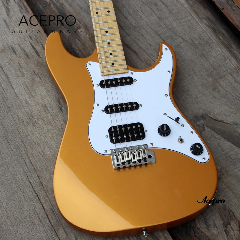 In Stock Acepro Gold Color ST Electric Guitar, Tremolo Bridge, S-S-Humbucker Pickups Mini Switch for Split Coil, Guitarra