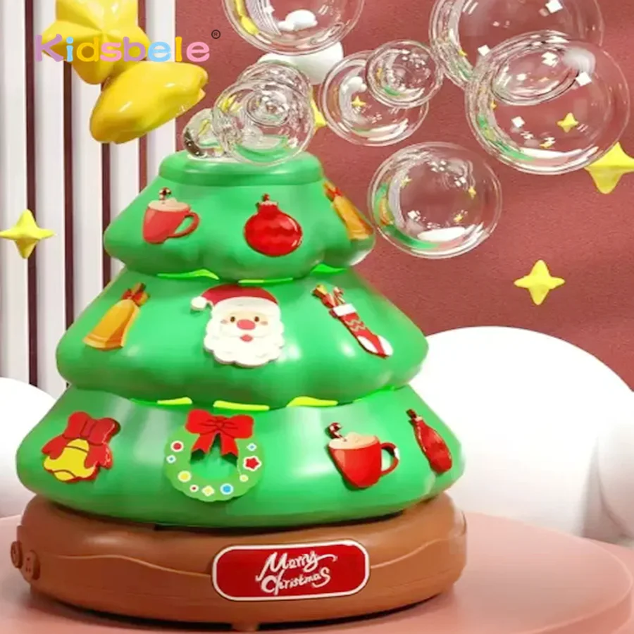 Automatic Rotating Christmas Tree Toy with Ddecorative Sticker Bubble Machine Christmas Party Gift with Music Light Holiday Fun
