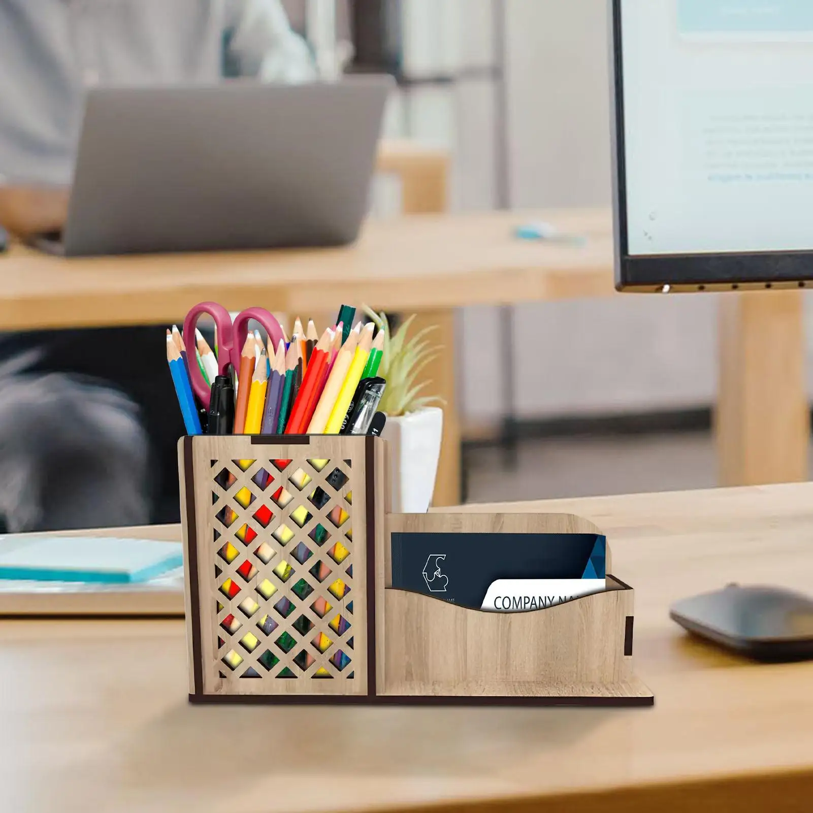 Pencil Holder 2 Compartment Wooden Stationary Organizer Pen Organizer for Desk for Home School Classroom College Dorm Room Study