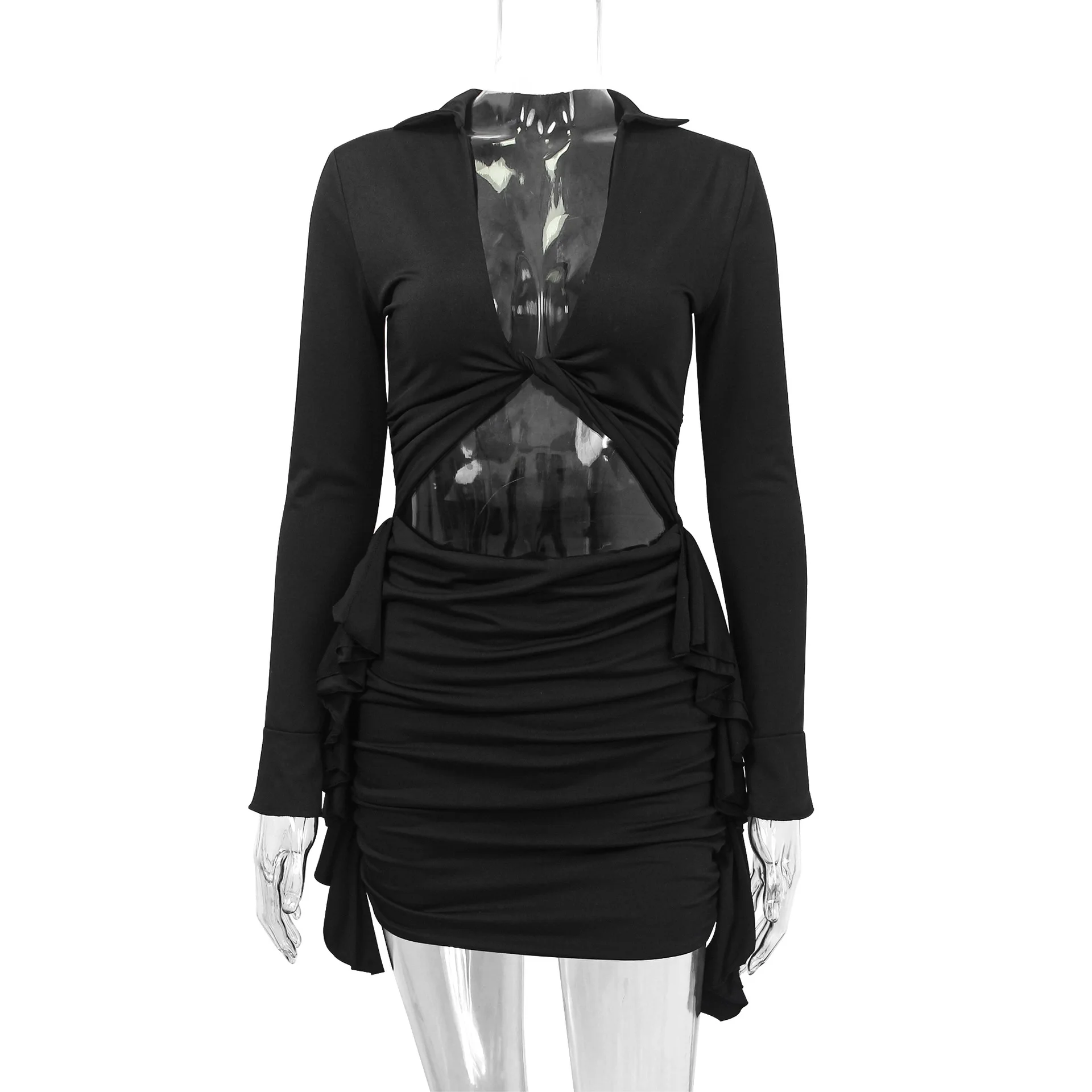 Sexy side rufled mini Dress For Women long Sleeve Bodycon hollow outed  Dresses High Waist Solid Package Hip Dress