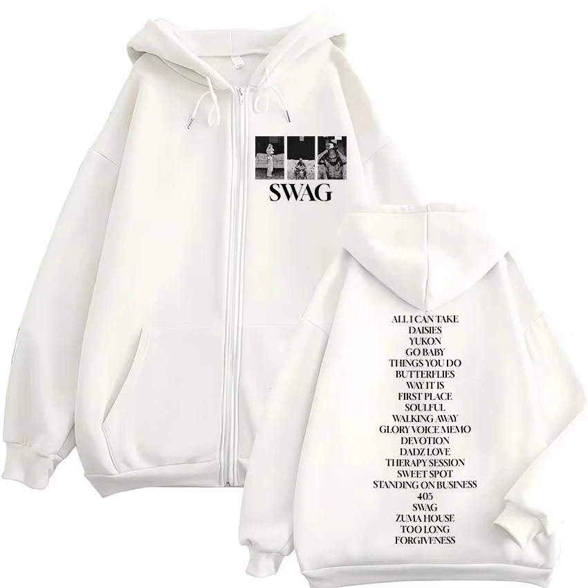 Rapper Justin Bieber SWAG Album 2025 Jaket Hoodie Zip Up Pria Pakaian Retro Oversized Jaket Sweatshirt Gaya Hip Hop Hoodie Resleting