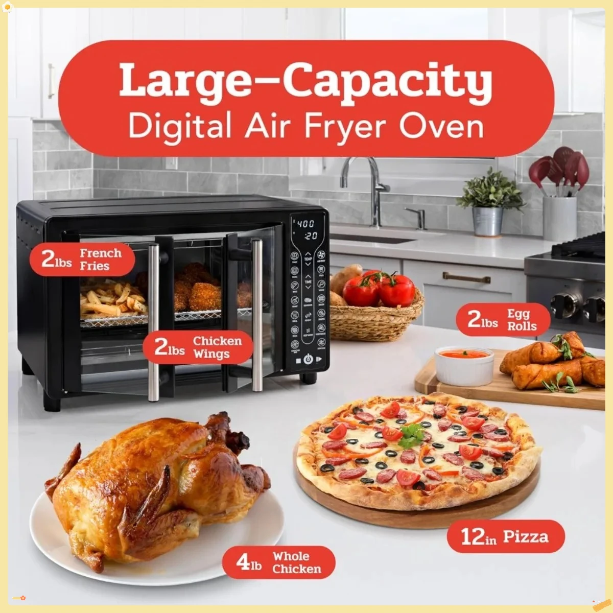 

17-in-1 Toaster Oven Air Fryer Combo, 1700W French Door Digital Oven with 24L Capacity, Includes Convection Rack & Accessories