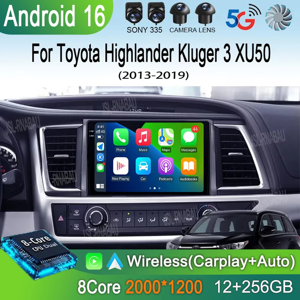 

Автомагнитола Android 16 для Toyota Highlander Kluger 3 XU50 2013-2019 с GPS, Wi-Fi, 4G и CarPlay Auto