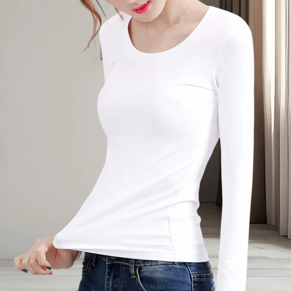 Women Stretchy Base Layer Top Velvet Lined Women's Thermal Tops Round Neck Long Sleeve Tee Shirt for Slim Fit Solid Color Warmth