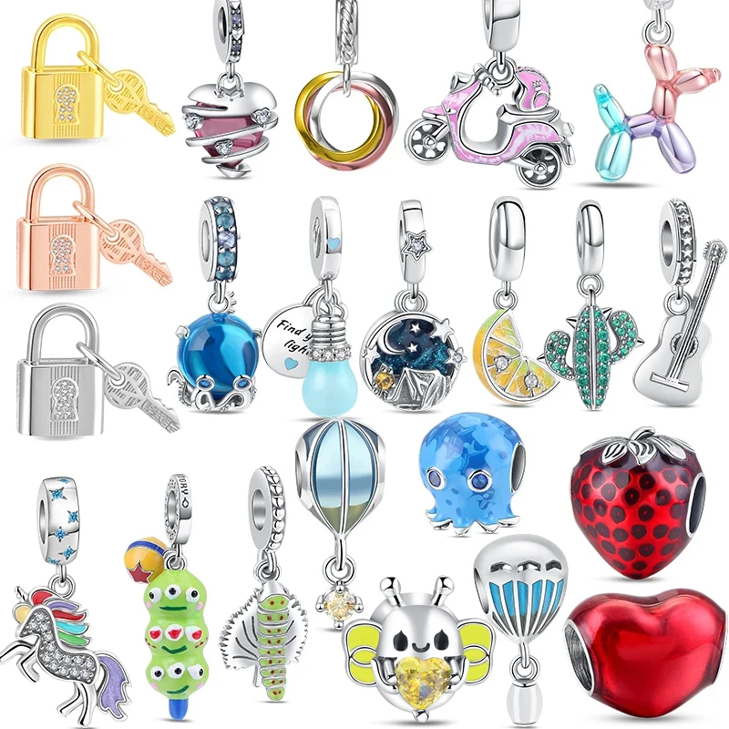 

2024 New Lemon Strawberry Octopus Balloon Dog Padlock Key Charm Beads Fit Original Pandora Bracelet DIY Fine Jewelry Making Gift