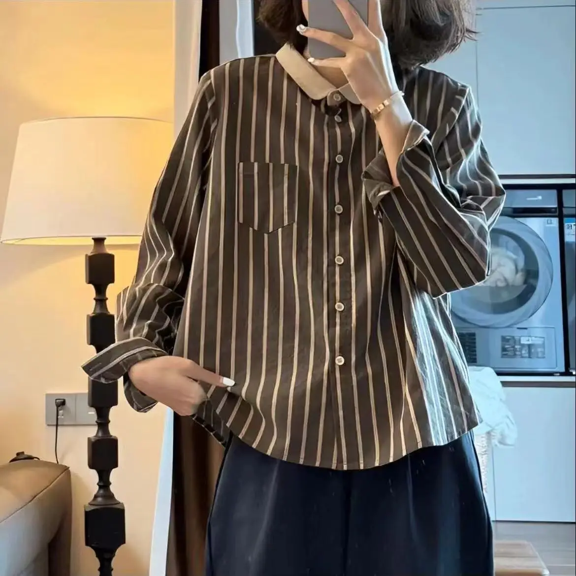 

2025 New Design Style, Spring And Autumn Temperament, Fashionable Round Neck, Versatile Striped Long Sleeved Top For Women