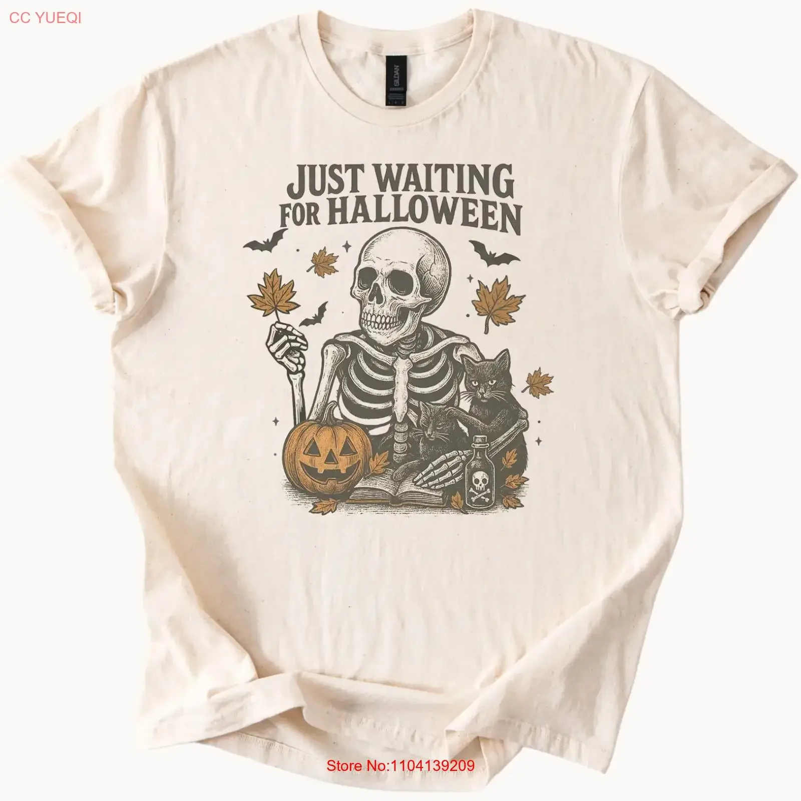 Just Waiting For Halloween Skeleton T Shirt Pumpkin Cat Spooky Fall vintage Washed Versatile Casual fashion streetwear