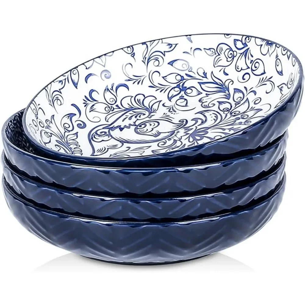 Tableware Shallow Soup Bowls, Serving Bowls, Utensils for Kitchen,Plates,Dinner Sets,Blue,Microwave,Dishwasher Safe Bar,Set of 4