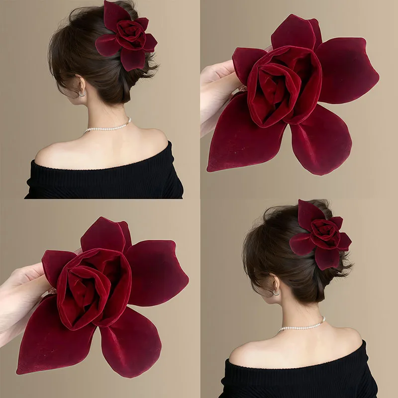 دبوس شعر أنيق باللون الأحمر المخملي على شكل وردة على شكل قرش للنساء، غطاء رأس بمخلب شعر مثالي لإكسسوارات شعر الفتيات المحبة للتجميل