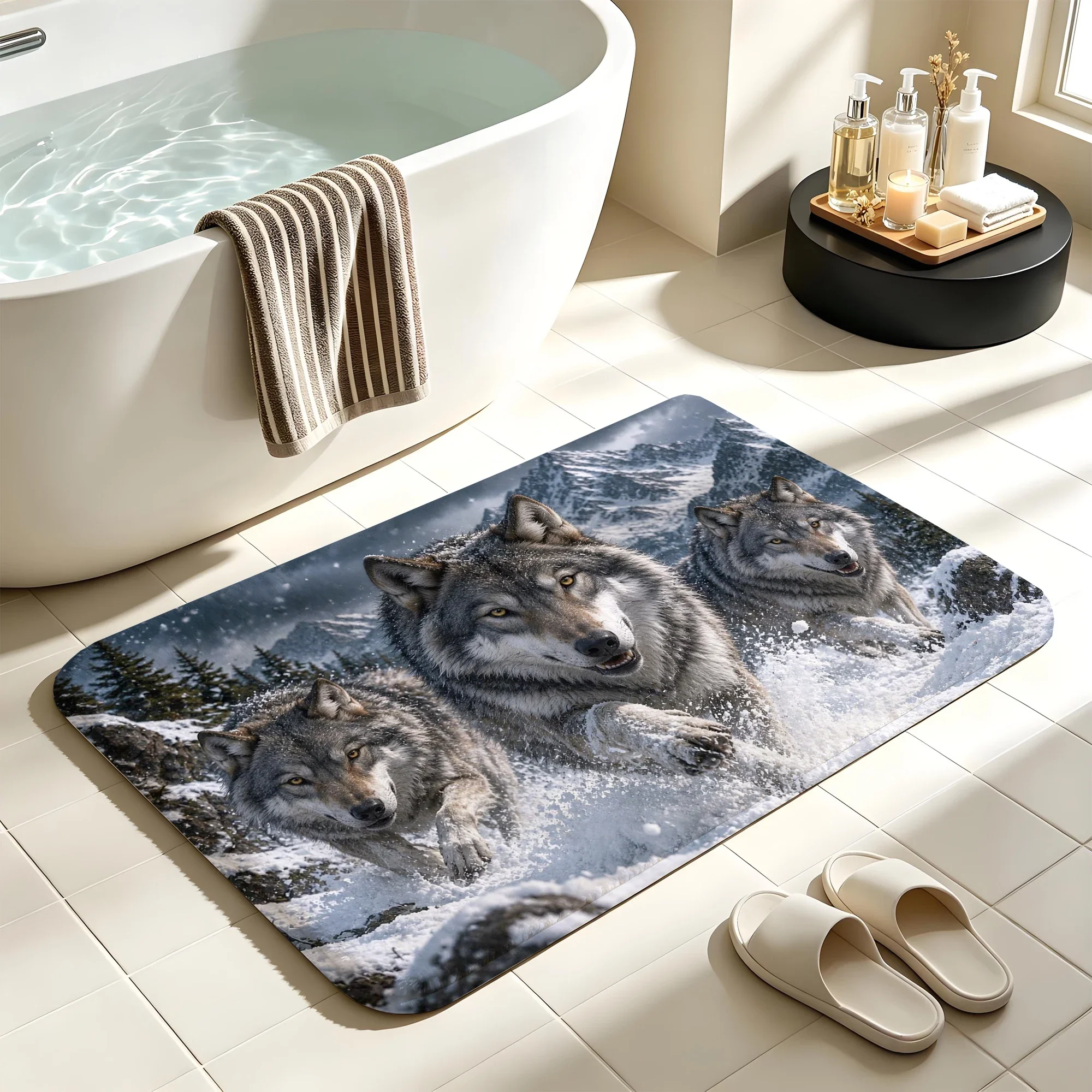 Wolf Pack Snow Bath Mat Water Absorbent Quick Dry Anti-Slip Shower Rug Floor Carpet for Bathroom Home Decor