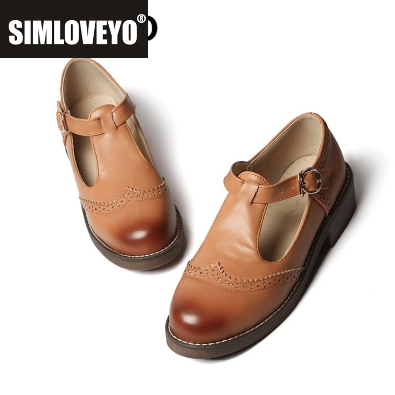 

SIMLOVEYO 2025 New Vintage Women Flats Round Toe Buckle T-Strap Mixed Color Soft Material Large Size 41-43 Casual Daily Casual