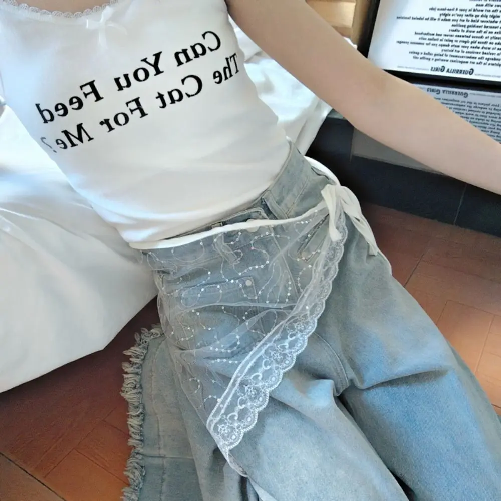 Rok Mini renda gaya Korea modis rok setengah payet kasa segitiga gaun ikat pinggang tipis sabuk Jeans gadis pedas