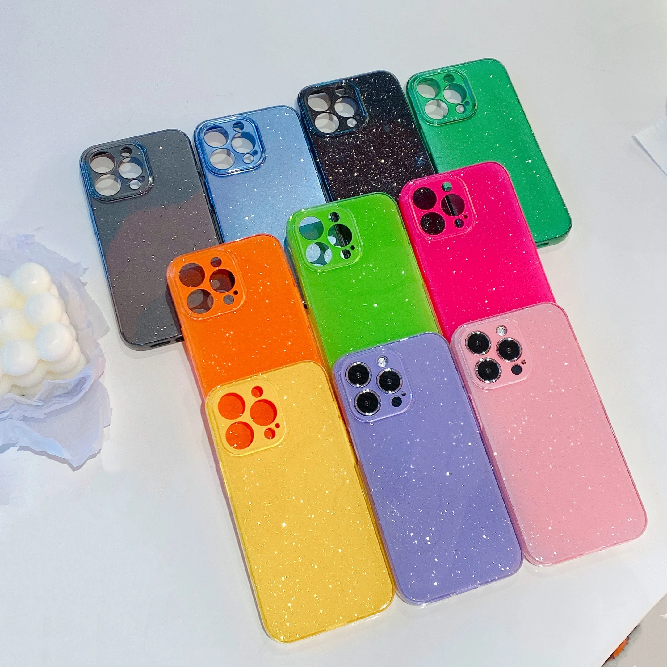 Bling Glitter Neon Color Phone Case For iPhone 16 15 14 13 12 11 Pro Max XS X XR 7 8 Plus SE 3 Silicone Shockproof Twinkle Cover