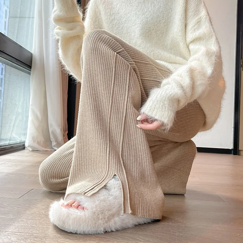 

Side Slit Knit Wide-leg Pants Women's 2024 Autumn Winter High-waisted Vertical Casual Pants Thick Solid Slimming Pants LJ296