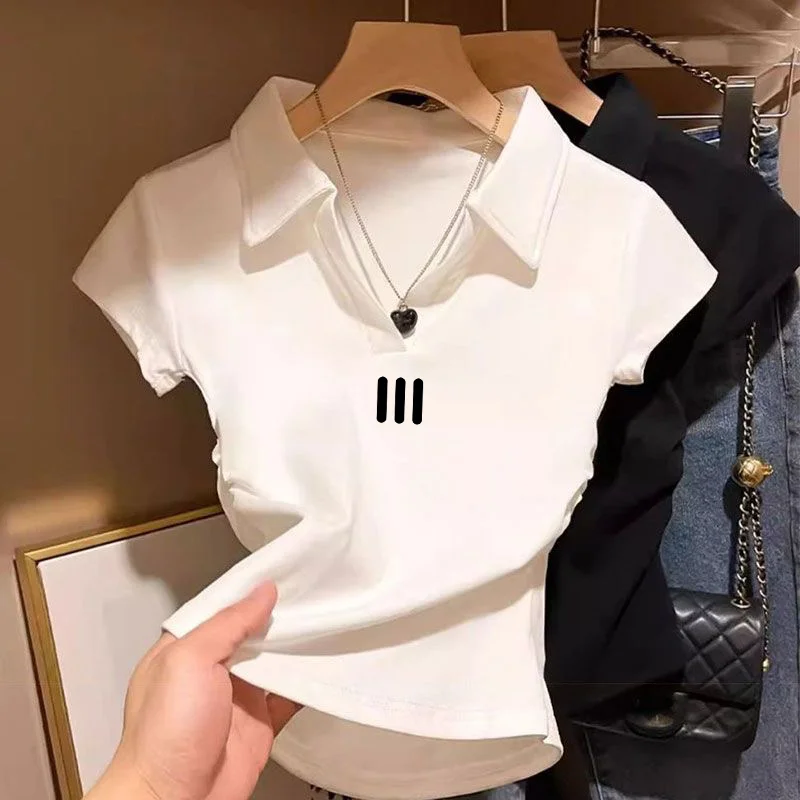 Design waist polo neck shoulder short sleeve blouse Summer American spice girl V-neck slim pleated white T-shirt