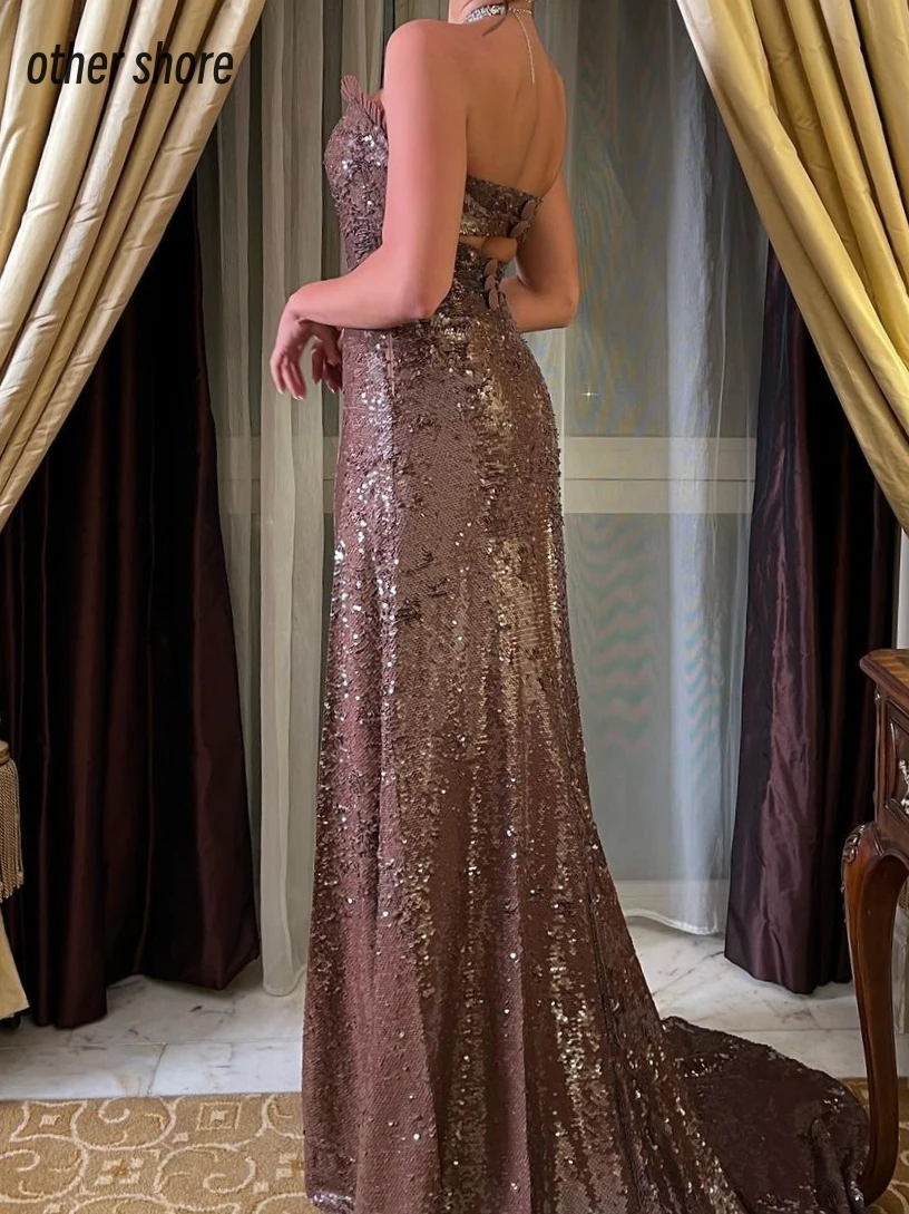 Other Shore Elegant Vintage Sexy Brown Mermaid Sequins Shiny Button Customize Formal Occasion Prom Dress Evening Party Gowns