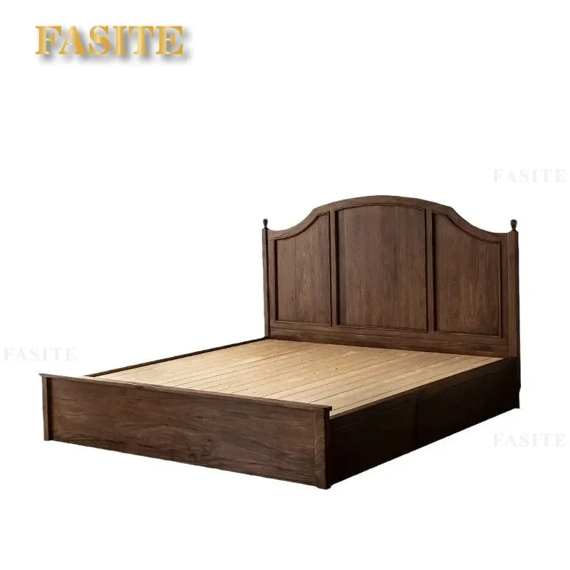 For American Retro North American Black Walnut Double Bed High Box Storage Bed Master Bedroom Small Apartment Furniture Space