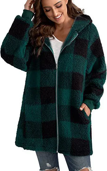 Fall and Winter Jacket Female 2023 Fashion New Long-sleeved Plaid Hooded Zipper with Pockets Loose Casual Coat