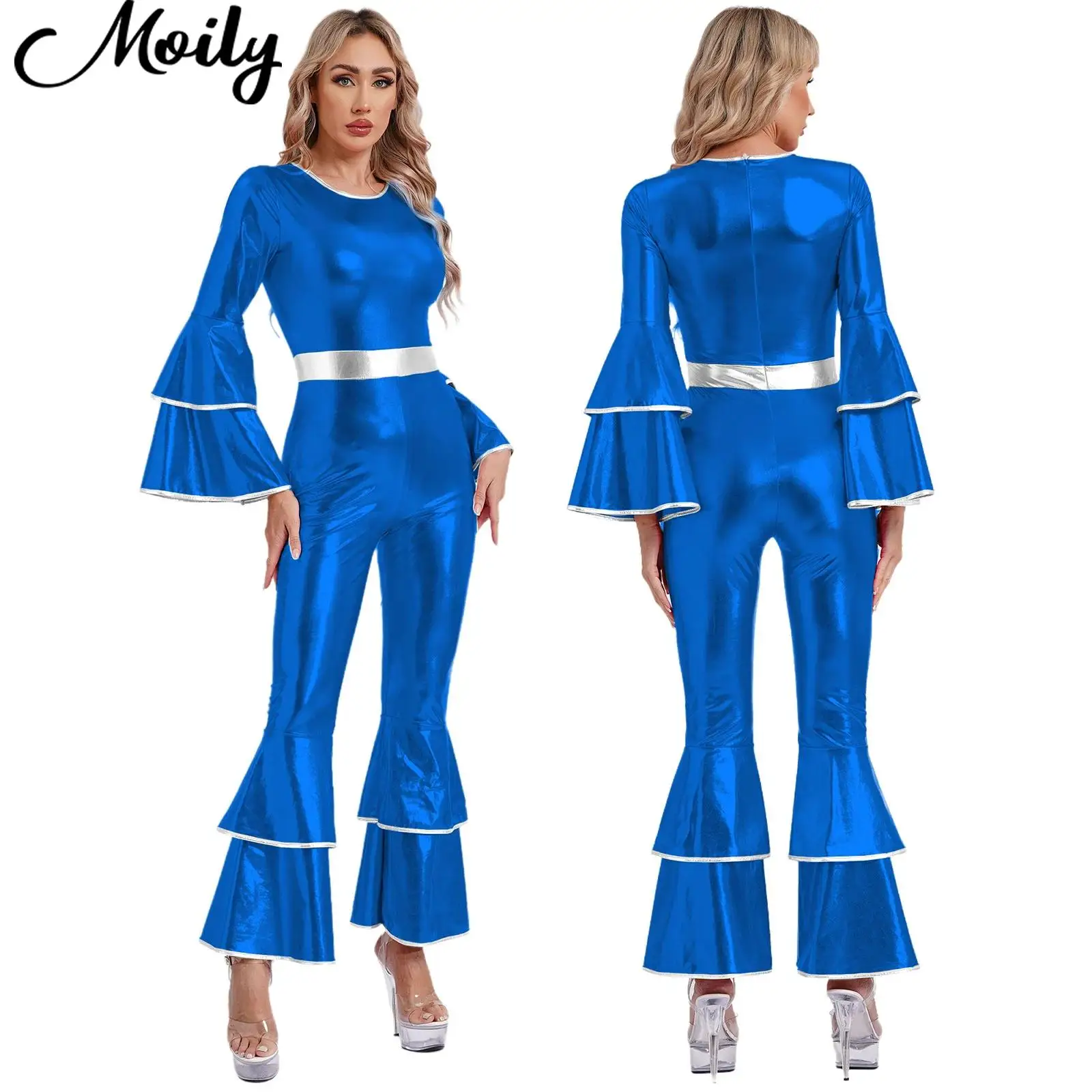 

Women Vintage 70S Disco Metallic Shiny Jumpsuit Tiered Flare Sleeve Hippy Dance Jumpsuit Halloween Carnival Role Play Costume