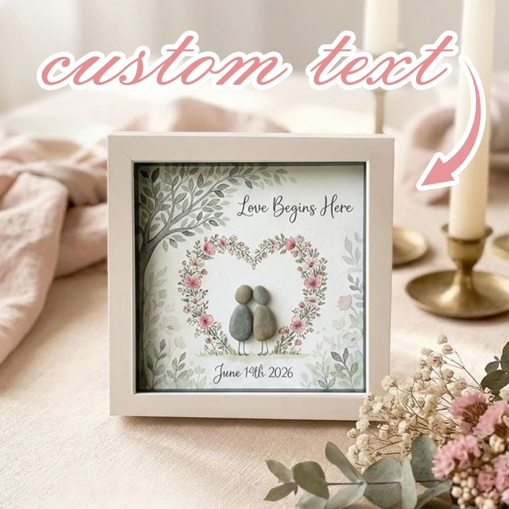 1pc Personalized Custom Text Heart Floral Pebble Art Frame,Sentimental Romantic Memory Souvenir Gift,Anniversary,Desktop Decor