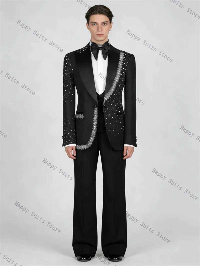 

Silver Crystals Men Suit Set 2 Pcs Groom Blazer+Pants Trousers Luxury Formal Office Coat Wedding Tuxedo Customized Jacket Outfit