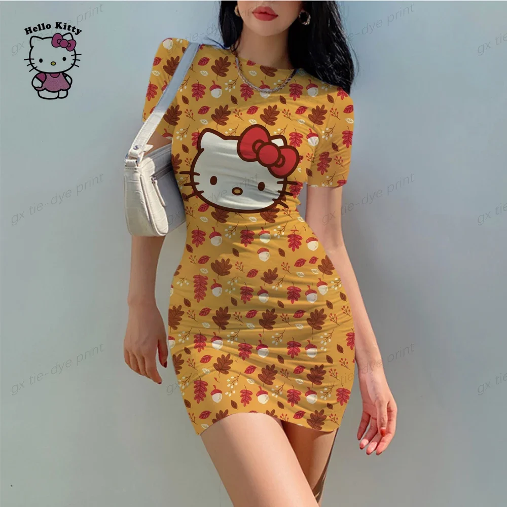 Vestido Hello Kitty 3D para mulheres, senhora, meninas, bodycon sexy, o-pescoço, manga curta, bolinhas finas, mini vestidos lápis, verão, 2024