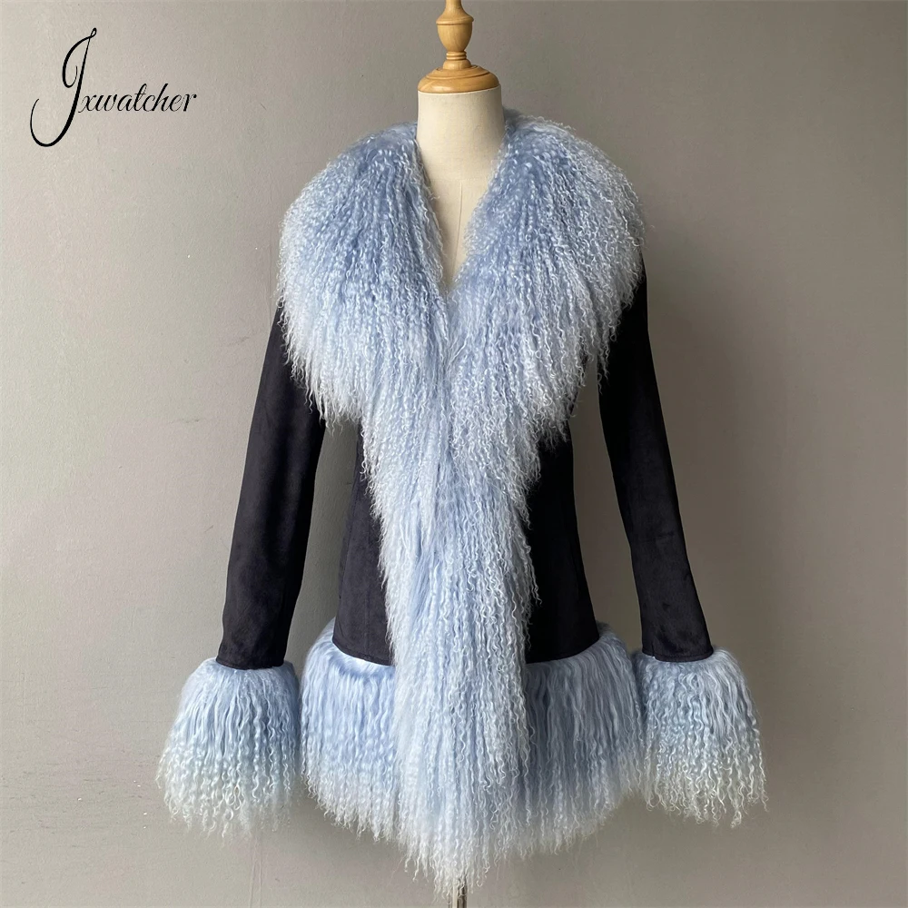 Jxwatcher Damen-Lederjacke, mongolischer Schaffellbesatz, echter Wildleder-Ledermantel, Damen-Winter, warme Echtlederjacke, Herbst